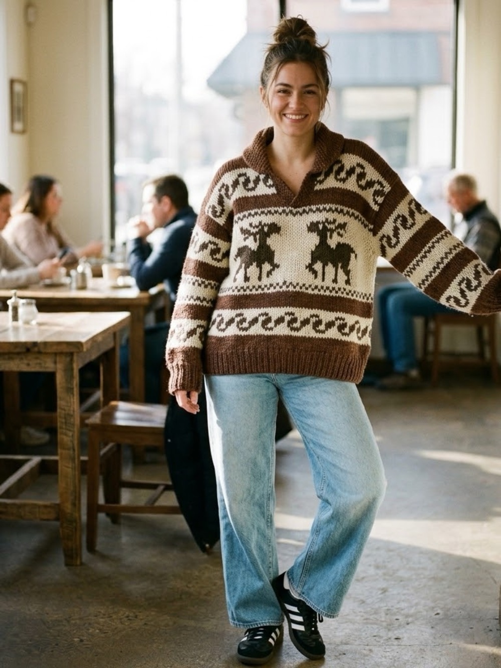 Brown and Cream Shawl Collar Moose Pattern Cowichan Sweater